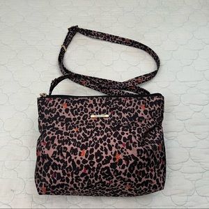 Travelon Cheetah Print Crossbody Nylon Bag Tan + Black w/ Orange + Red Accents